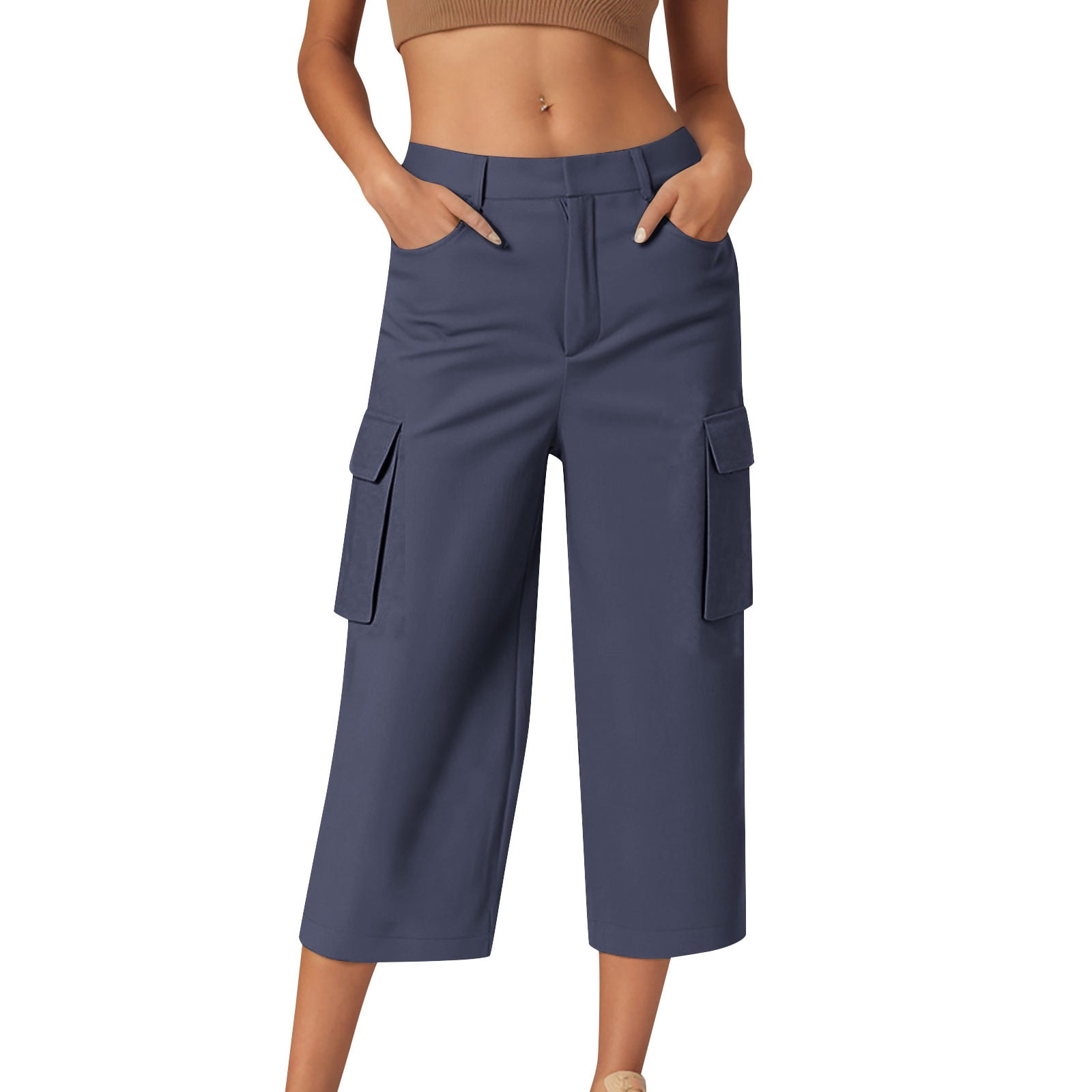 Wide Leg Ladies Navy Capri Trousers Biudgviw Dress Pants For Women