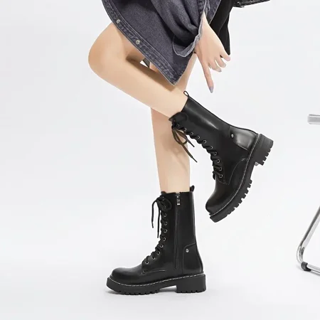 

Fashion Black Lace-up Combat-Boots Women‘s Trendy Fall Winter Side Zipper Boots