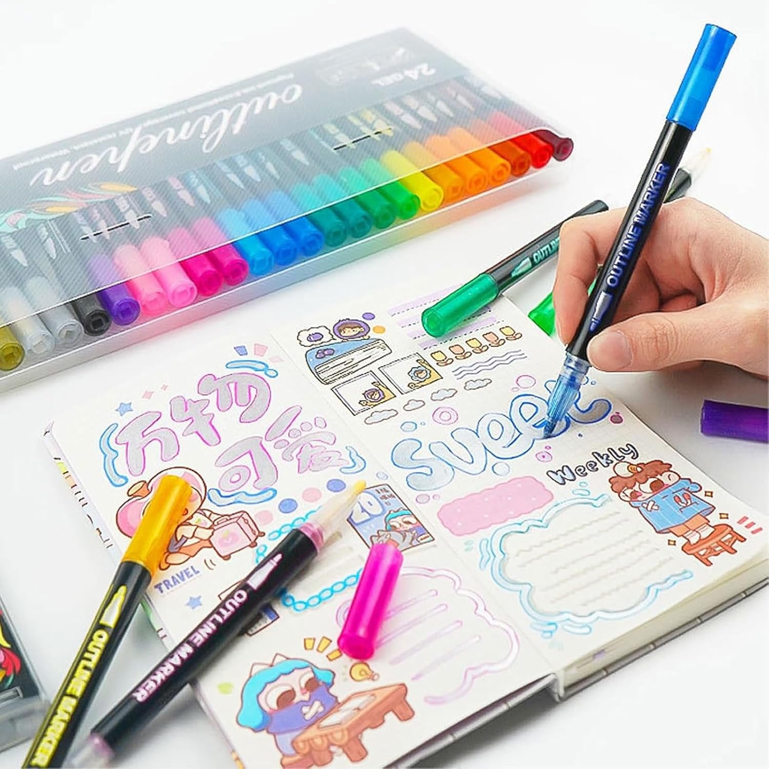 Dual Line Outline Markers Metallic Glitter, Self Outlining Pens with 2–3mm Tips, Waterproof Art Markers for Drawing Lettering Journaling Crafts Students DIY (K)