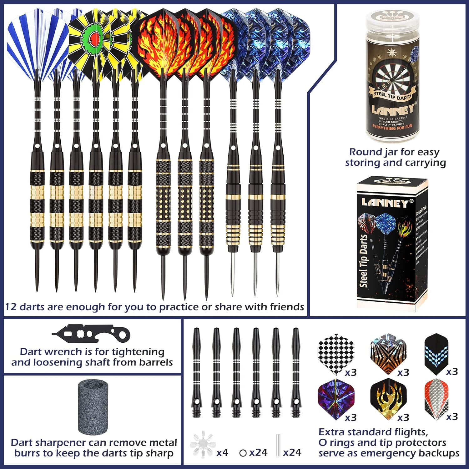 LANNEY Darts Metal Tip Set, Steel Tip Darts Set 20 Grams 24 Grams and 26 Grams Professional Darts for Dartboard with Aluminum Shafts, Brass Barrels, Extra Flights, Sharpener Tool Kit, Carrying Case