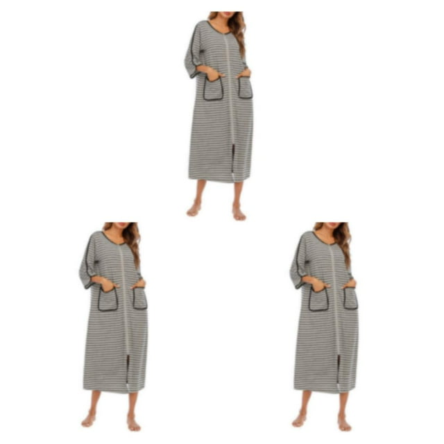 yingyy 1/2/3 Polyester Robe de Nuit Femme Décontractée Col Rond Manches Longues Double Poche Respirante Robe de Maison Vêtement de Nuit Gris TTG 3 Pcs