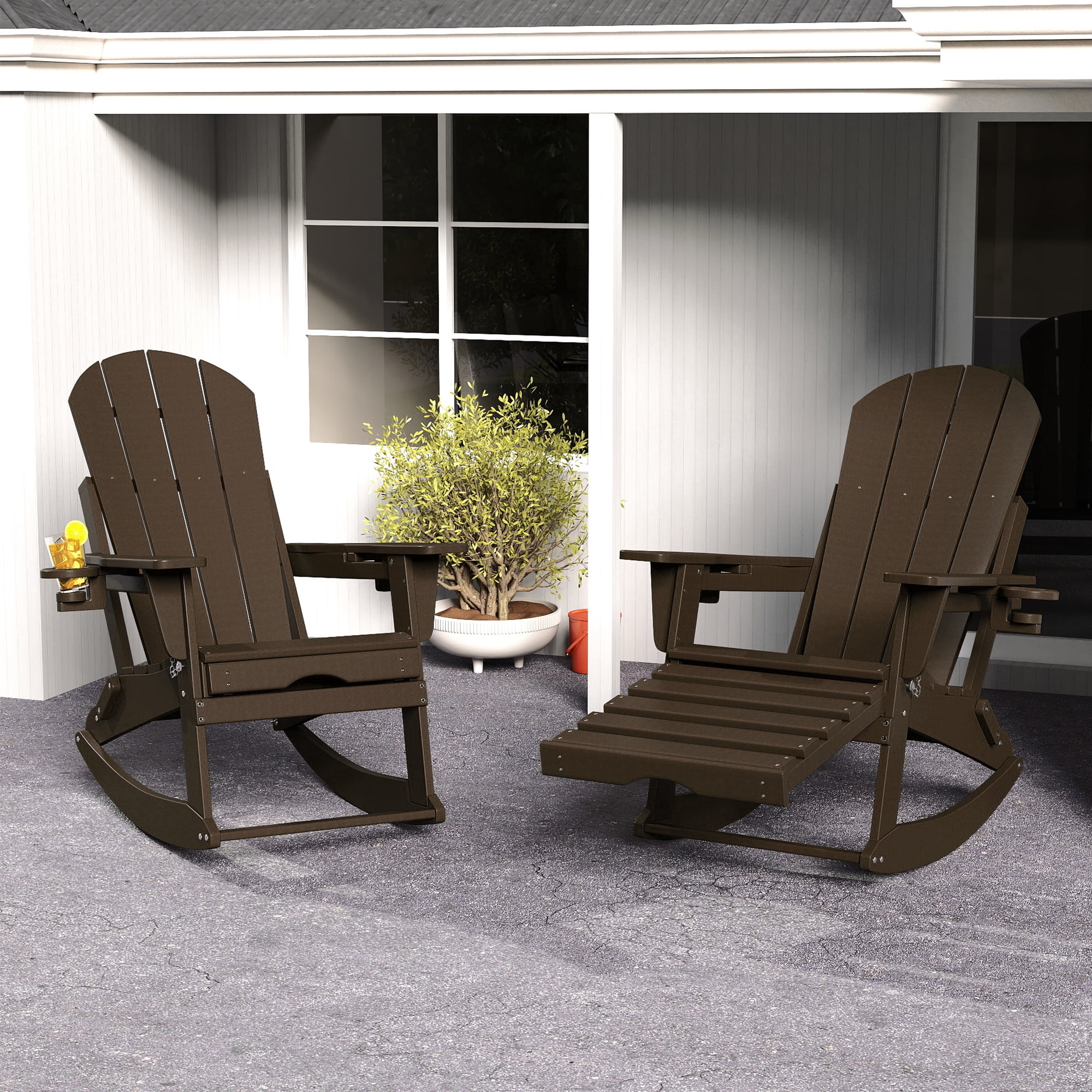 FOOWIN HDPE Plastic Rocking Adirondack Chair, Folding Rocking Chairs for Patio Porch Rocker Chair, Coffee