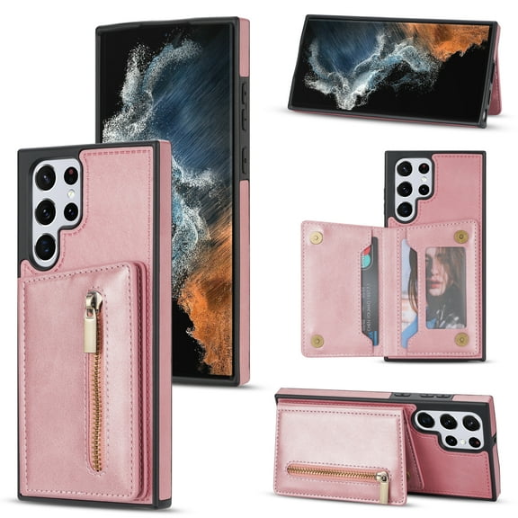 Dteck Case for Samsung Galaxy S22 Ultra, Zipper Card Holder for Women Wallet Case for Girls Cute Folio Flip Cute Slim Leather Wallet Back Magnetic Closure Phone Cases, Rosegold