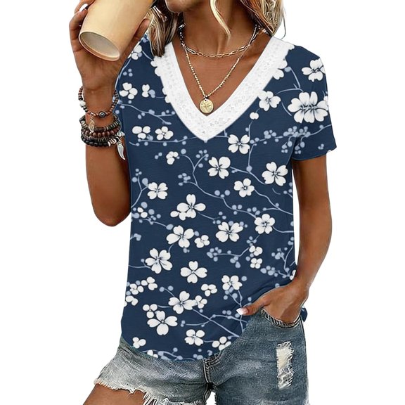 Craaazy Women Short Sleeve V Neck Tops Floral Print Casual Loose Fit Blouses for Summer Gift