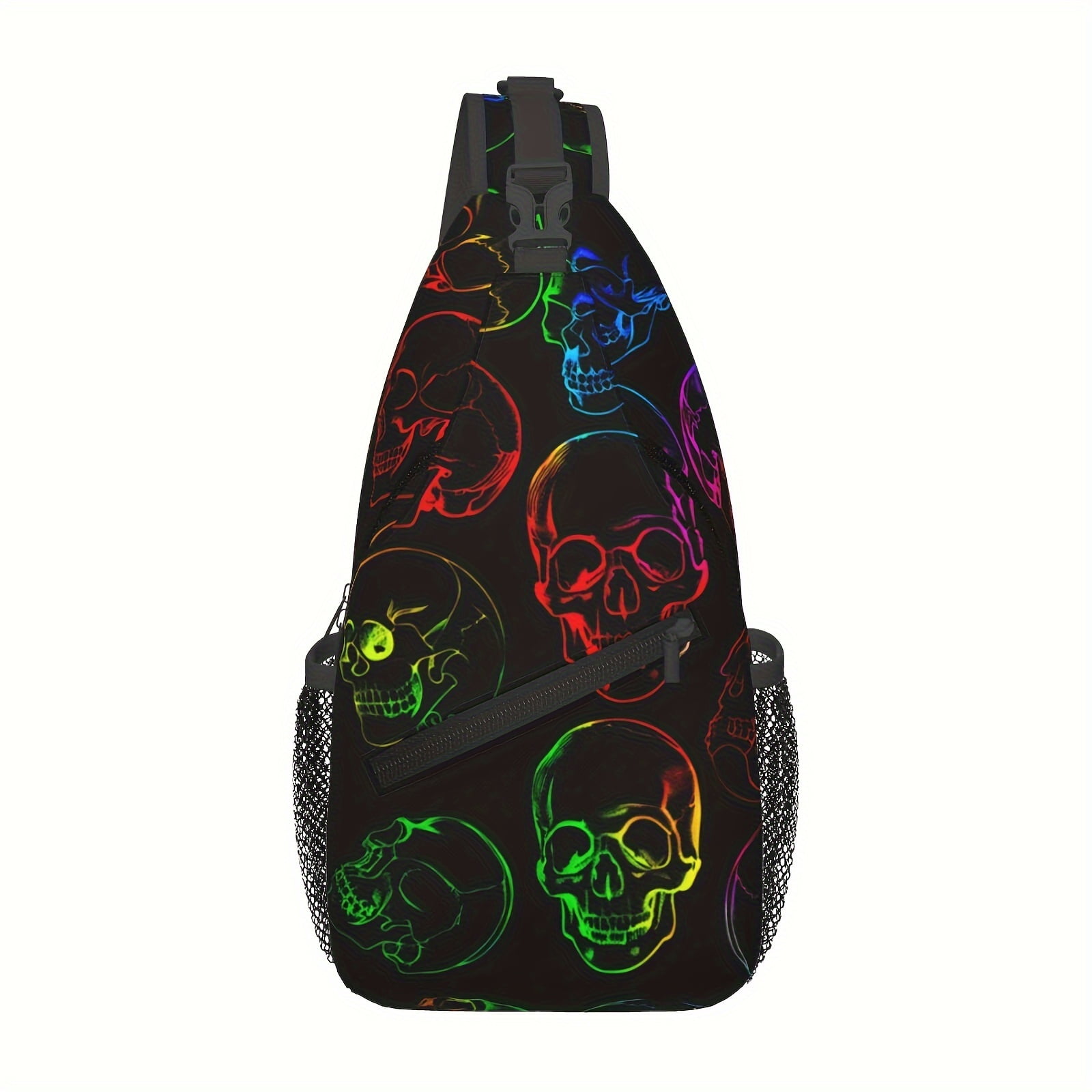 Neon Style Skull Print Crossbody Sling Chest Bag Foldable Large Capacity Shoulder Backpack Fashion Durable Daypack for Hiking Travel Shopping Work Beach & Fishing
