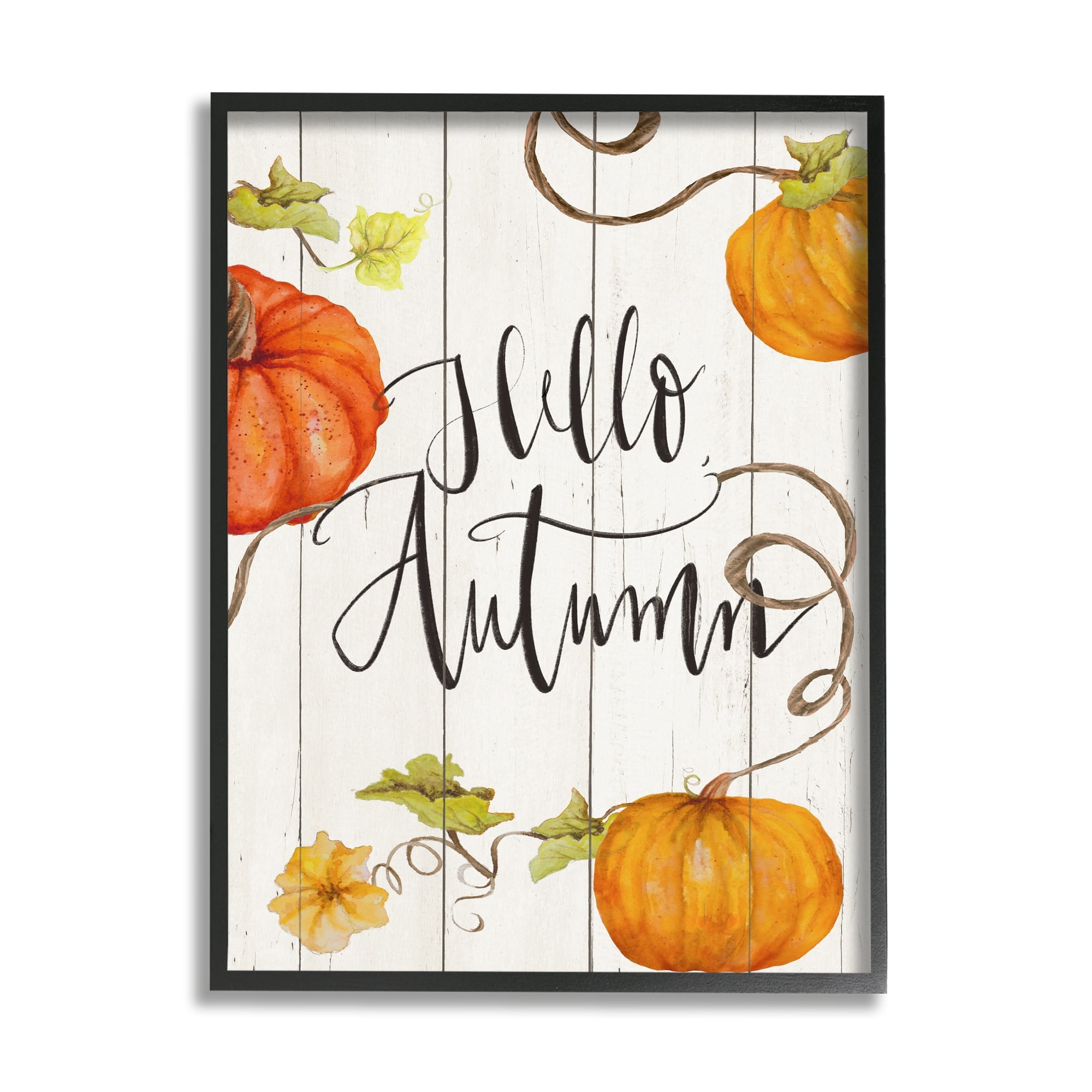Hello Autumn Calligraphy Sign Rustic Pumpkin Vines Inspirational Graphic Art Framed Art Print Wall Art
