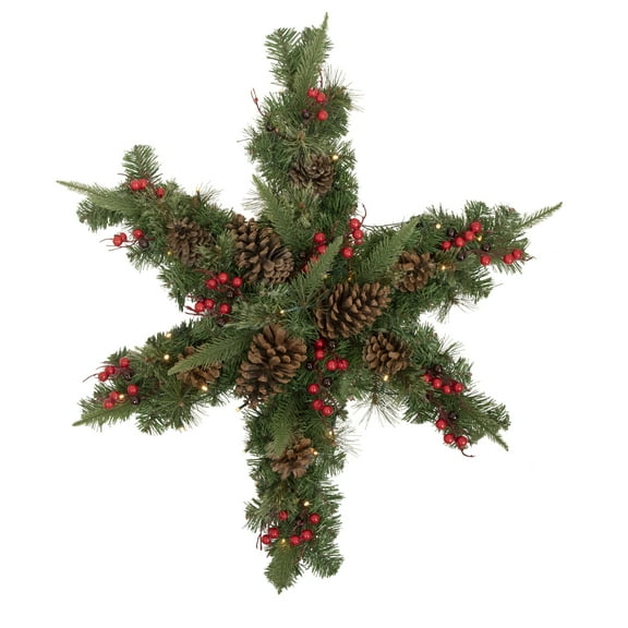 Northlight Pre-Lit Battery Operated Mixed Pine and Berries Christmas Snowflake Wreath - 32" - Warm