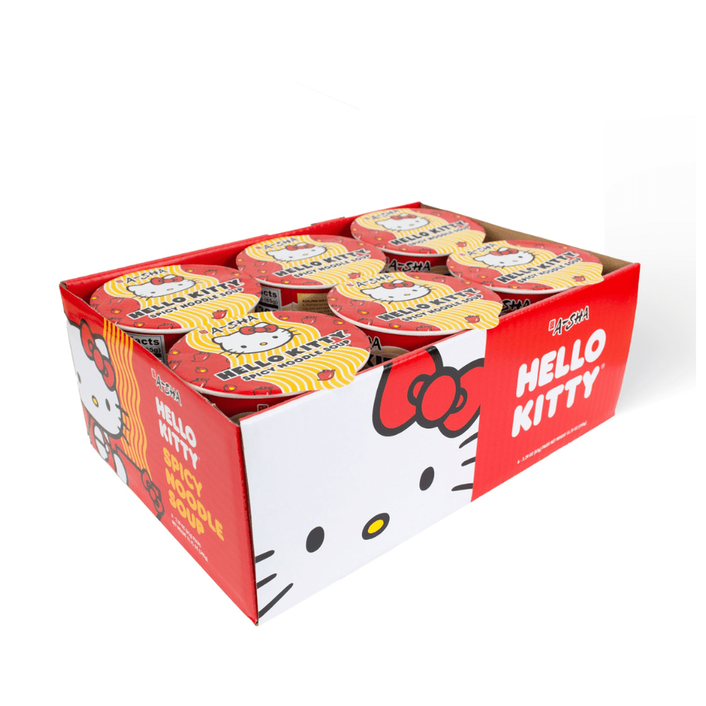 A-SHA Hello Kitty Instant Ramen Noodle Cup, 6 Pack Vegan Spicy Flavor, Premium Microwaveable Ramen Soup Mix