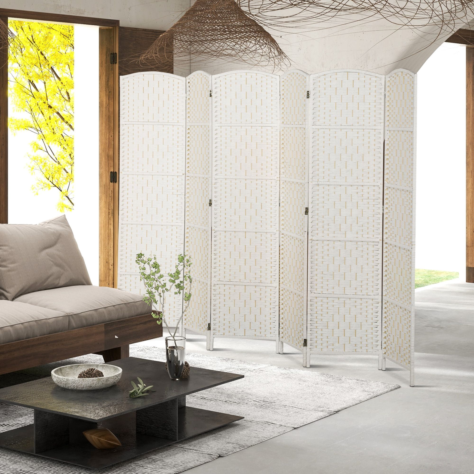 Dranite 6 Panel Folding Room Divider, 6FT Tall Portable Privacy Screen, White Weave Partition Wall for Bedroom