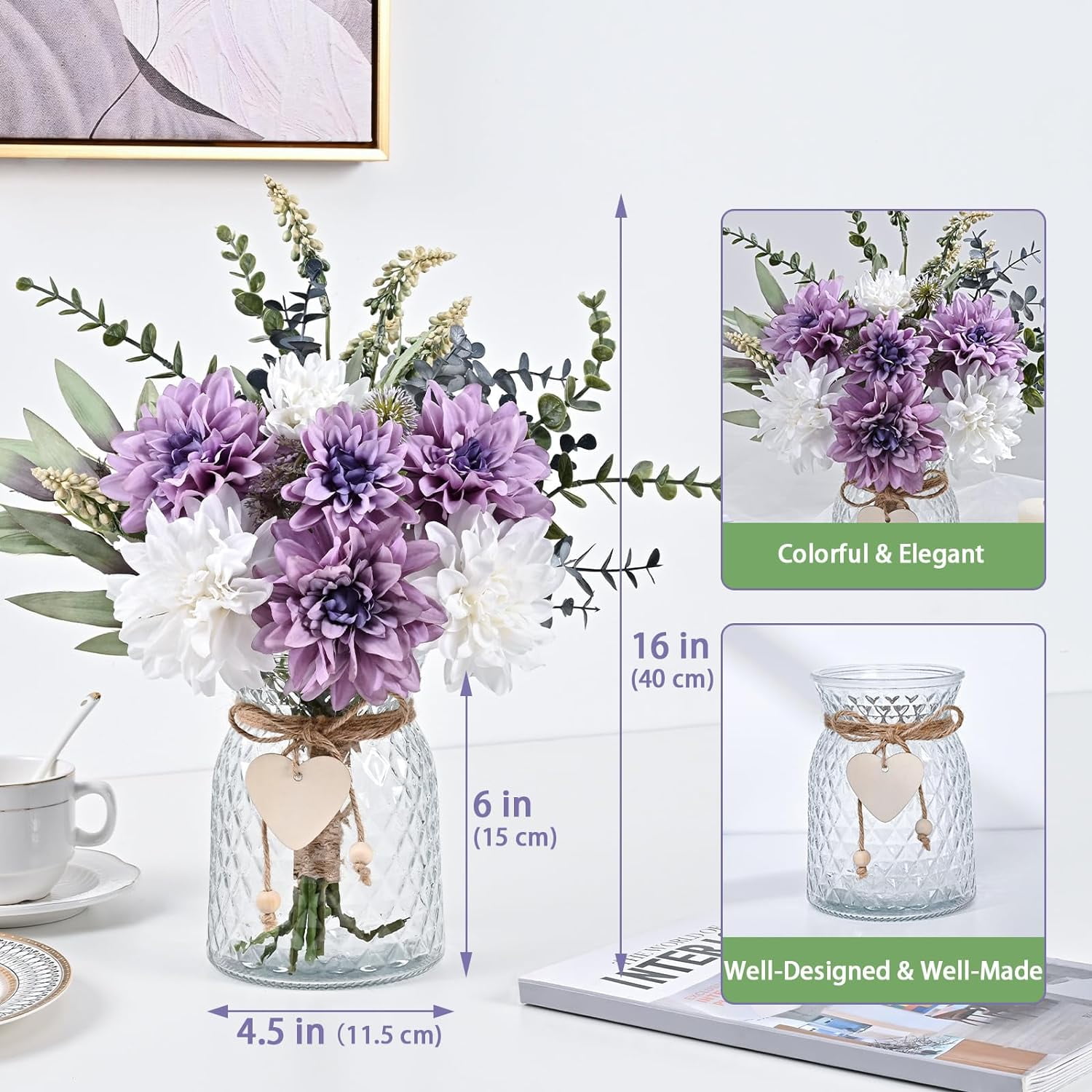 Faux Flowers in Vase, Fake Flowers with Vase, Dahlia Artificial Flowers in Vase Centerpieces for Dining Room Table Artificial Dahlias Flower Arrangement for Home Office Farmhouse