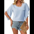 thumbnail image 1 of Blusas Informales Elegantes para Mujer, Blusas Asimétricas de Cuello en V para Trabajo, Camisas de Verano con Mangas con Volantes. Azul L, 1 of 7
