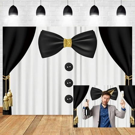 Image of 12x8ft Gentleman Tuxedo Backdrop for Birthday Party Banner Black and White Suit Bow Tie Decoration Father s Day