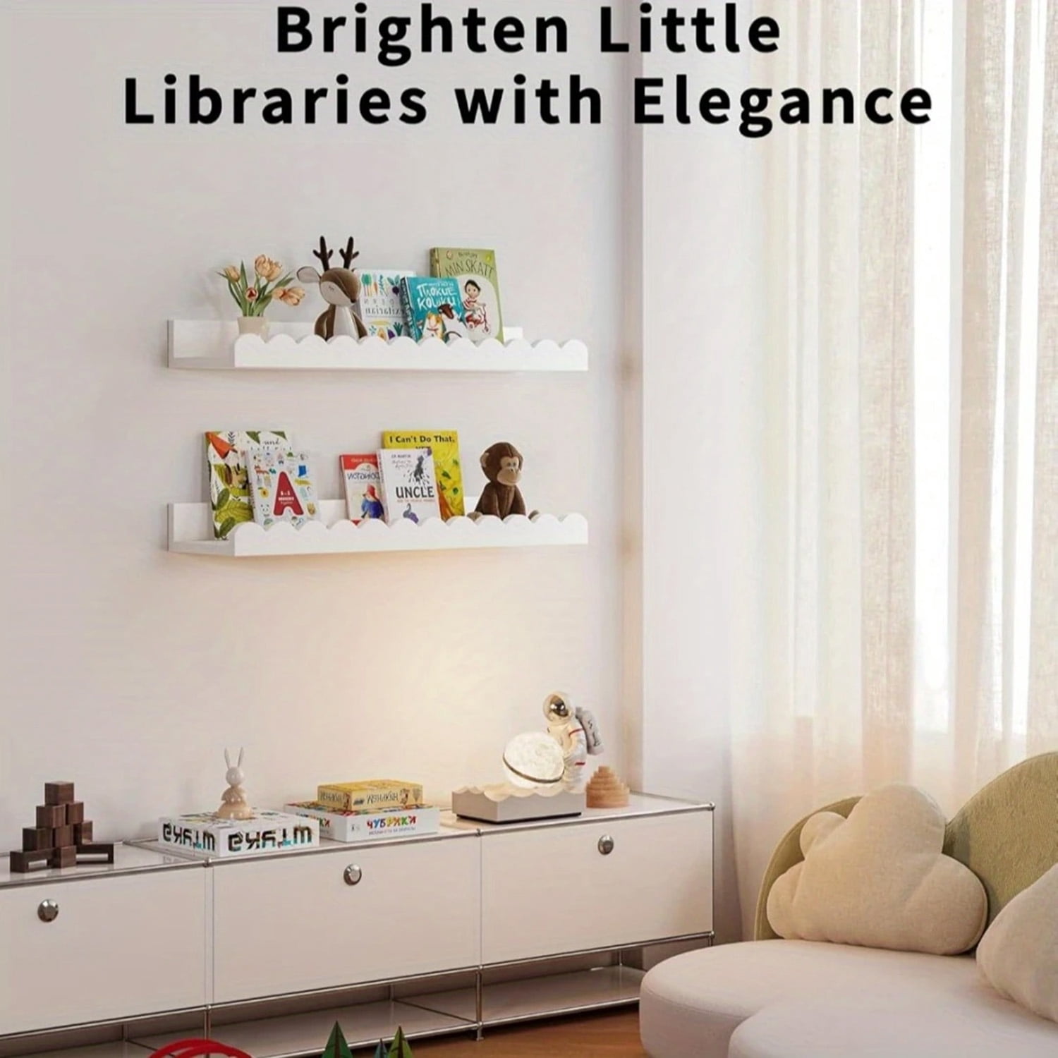 Book Shelves, 4-Pack White Floating Shelves for Wall, Scalloped Shelves, Wall Book Shelves for Bedroom