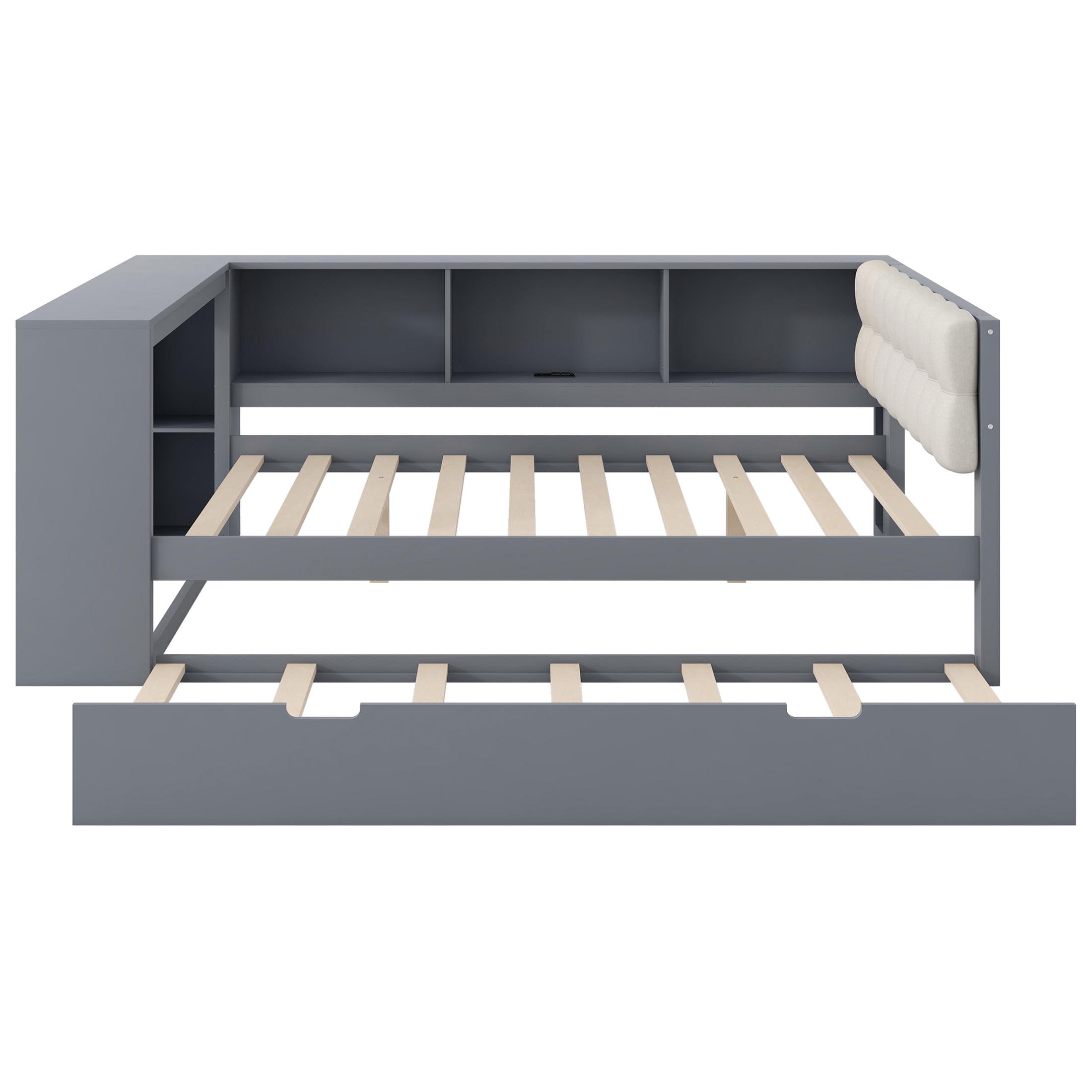 Noble House Full Wooden Platform Bed, Upholstered Headboard, Storage Shelves, Charging Station and Trundle, Gray