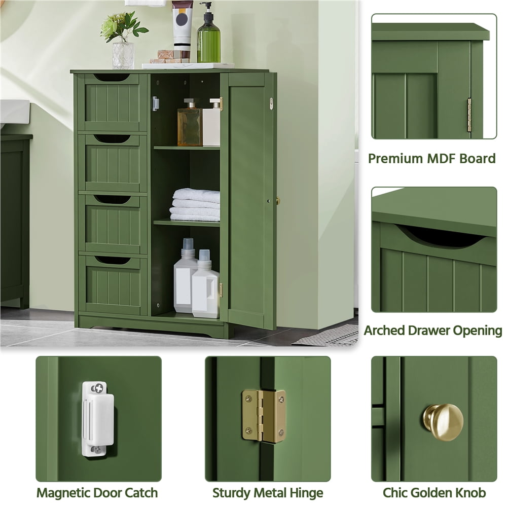 Yaheetech Modern Wooden Bathroom Storage Cabinet with 4 Drawers and Cupboard, Green