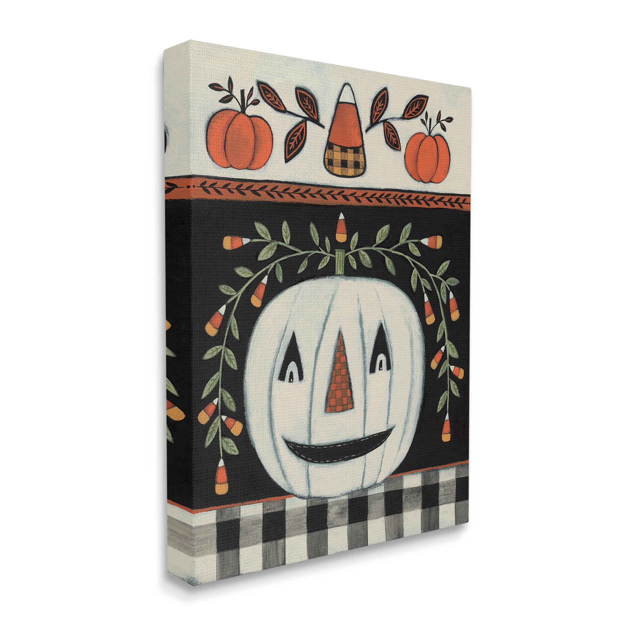 Fall Jack-o-Lantern Tartan Pattern Holiday Graphic Art Gallery Wrapped Canvas Print Wall Art
