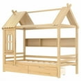 thumbnail image 5 of HICOMILA Twin House Bed with Storage Drawers and Shelves, Solid Wood House Platform Bed Frame with Roof Design for Boys Girls, Wooden Twin Bed with Built-in Storage, Childlike Design, Natural, 5 of 12
