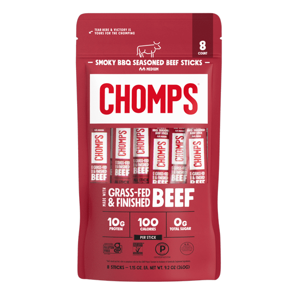 Chomps Grass-Fed And Finished Smoky BBQ Beef Jerky Snack Stick (8 Count)