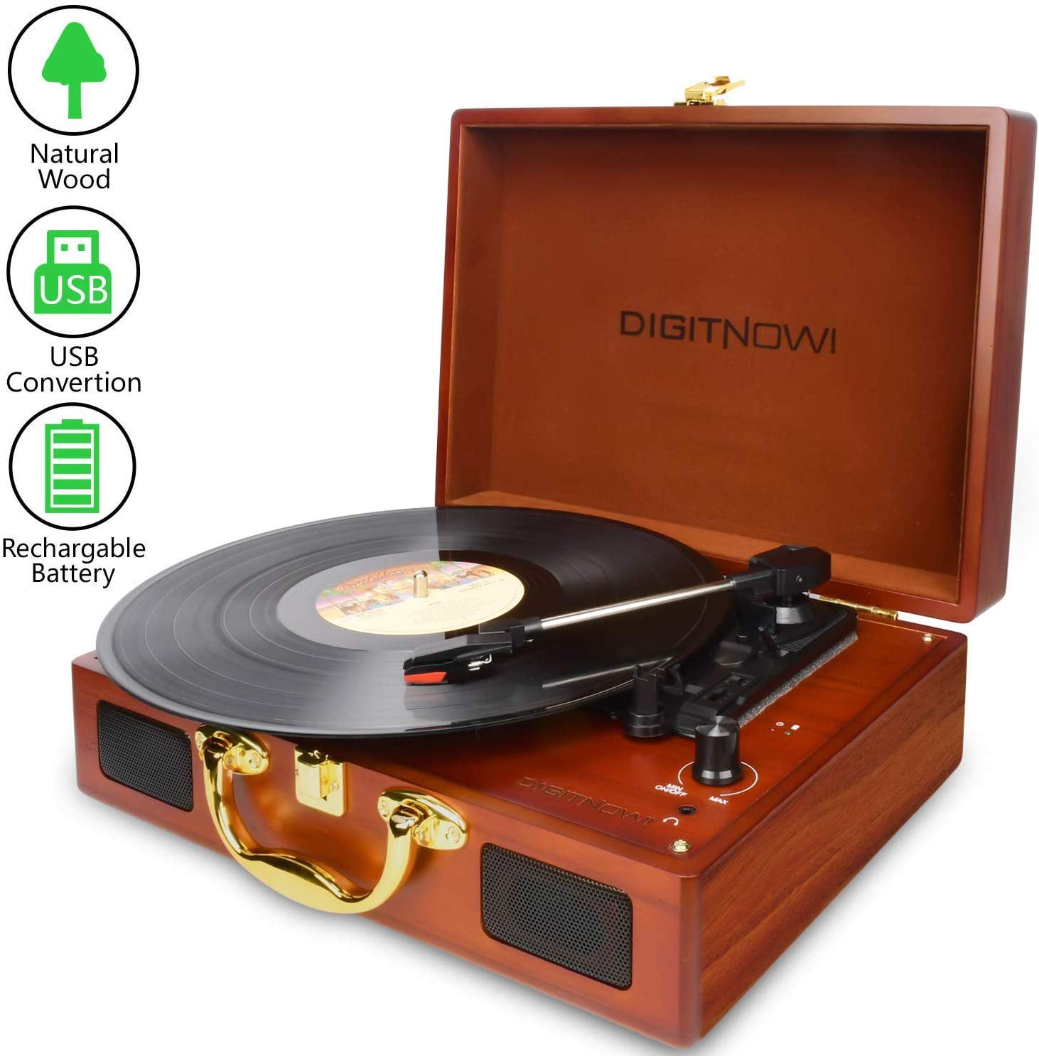 DIGITNOW! Vinyl/LP Turntable Record Player with Natural Wooden Suitcase