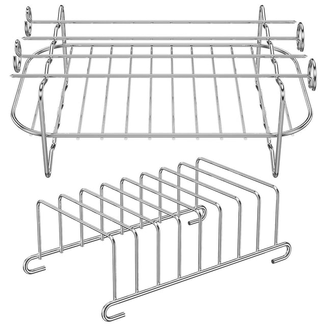 2PCS Air Fryer Rack with 4 Barbecue Sticks for Double Basket Air Fryers 304 Stainless Steel Grilling Rack