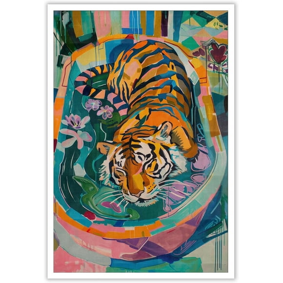 Vintage Canvas poststers eclectic bathroom tiger bathtub wall art mood pictures animal wall decoration abstract impression abstract on canvas for apartment living room decoration 12x16 inch Unframed