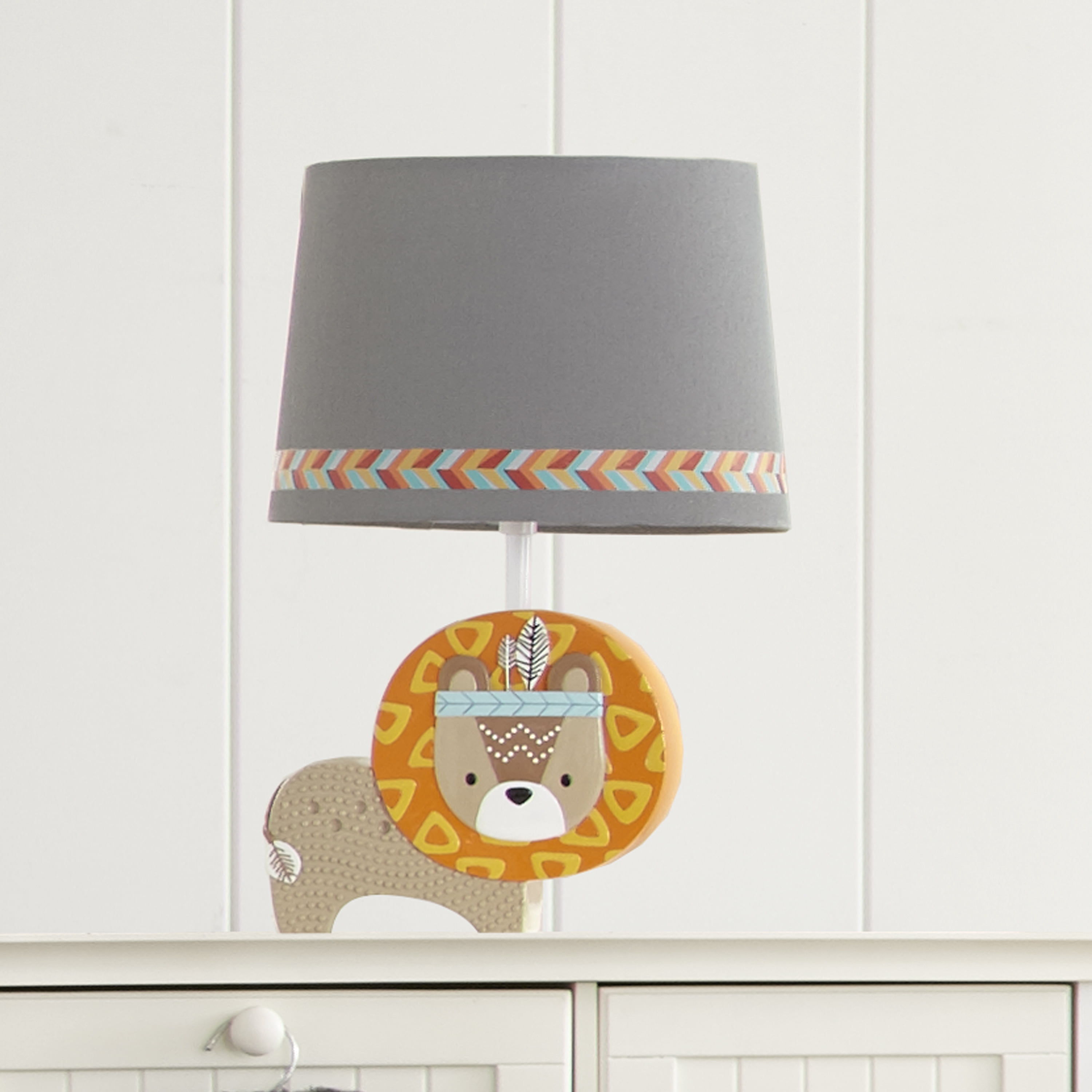Levtex Baby - Zambezi Table Lamp - Lion - Taupe and Orange with Grey Shade and Multicolored Accents - Nursery Lamp - Base And Shade - Nursery Accessories - Measurements: 22 in. high and 6 in. diameter