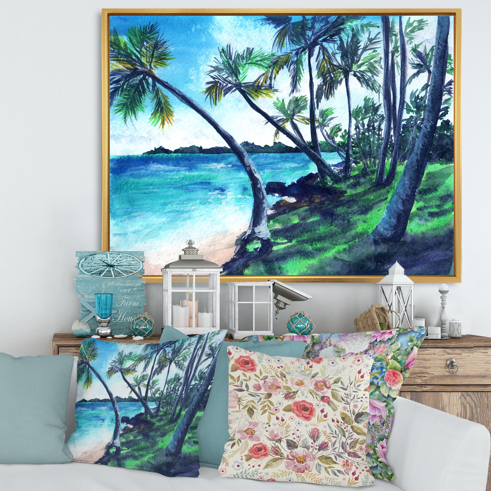 Designart 'Tropical Beach In Summer Paradise With Palm Trees' Nautical & Coastal Framed Canvas Wall Art Print