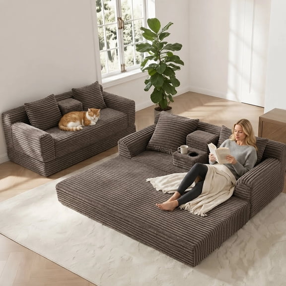 Arouseden 72" Corduroy Sleeper Sofa Bed with Cup Holders & Throw Pillows,Pull Out Couch Bed,Boneless Loveseat Sofa for Living Room,Coffee