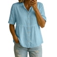 thumbnail image 2 of Craaazy Women's Loose Fit Collared Blouse, Solid Color Short Sleeve Button Down Shirt, Breathable Cotton Linen Casual Top for Daily Wear, Work & Weekend Gifts, 2 of 9