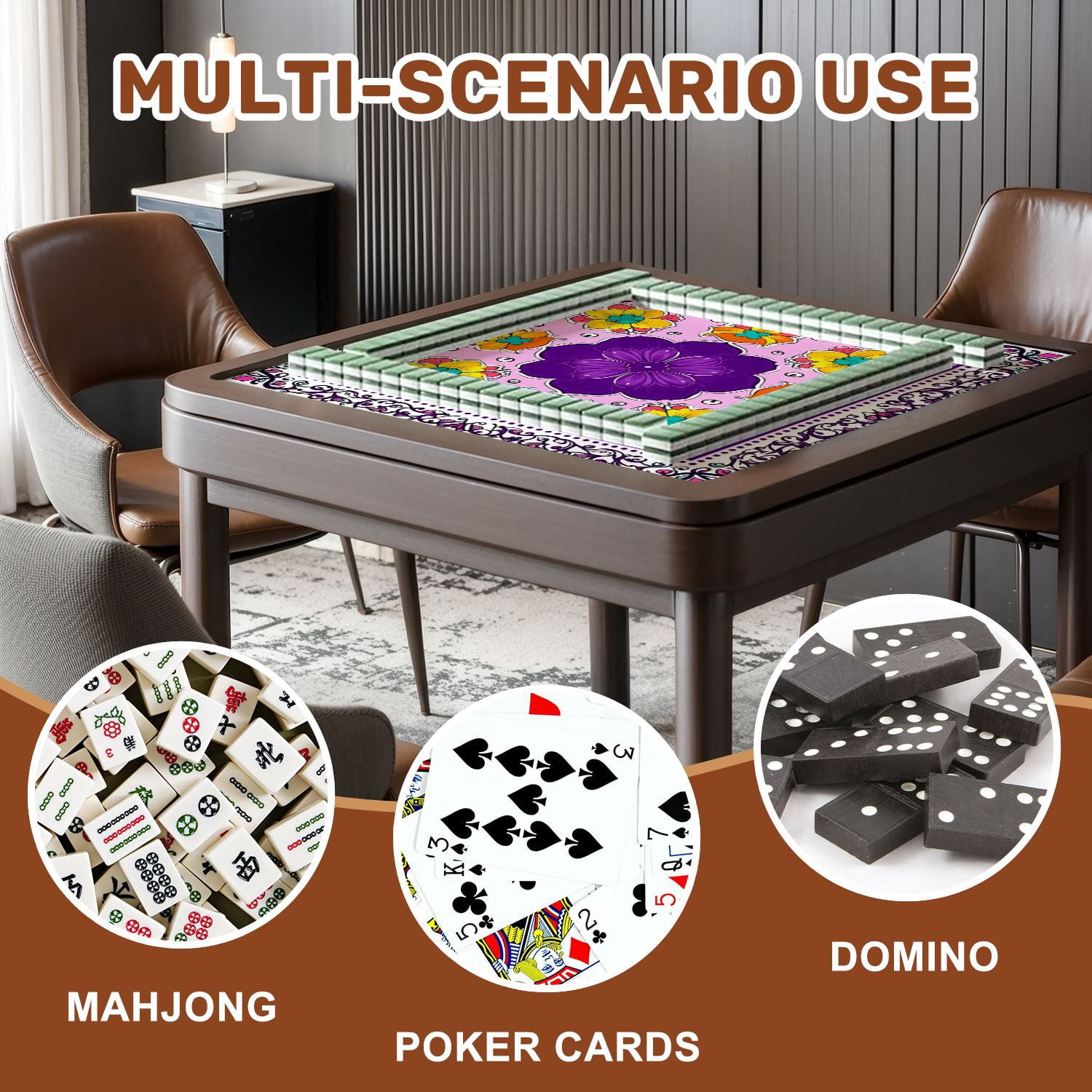 Mahjong Mat 31.5" x 31.5" Ornamental Floral Mandala Purple Center Flower Yellow Blossoms Non-Slip Noise Reduction American Mahjong Tiles Table Cover for Dominoes Poker Card Board Games Gift