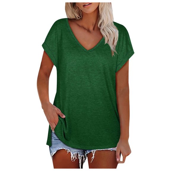 OSOLU Women Fashion Solid Color Side Slit V-Neck Tee Casual T-Shirt Short Sleeve Tshirts Tee Tops Cozy Dailywear