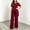 Wine Red, variant on Women's Elegant Chiffon Solid Color 2 Piece Set – Slit Short Sleeve Top & Wide Leg Pants Daily Home & Lounge Outfit Navy Blue,XL