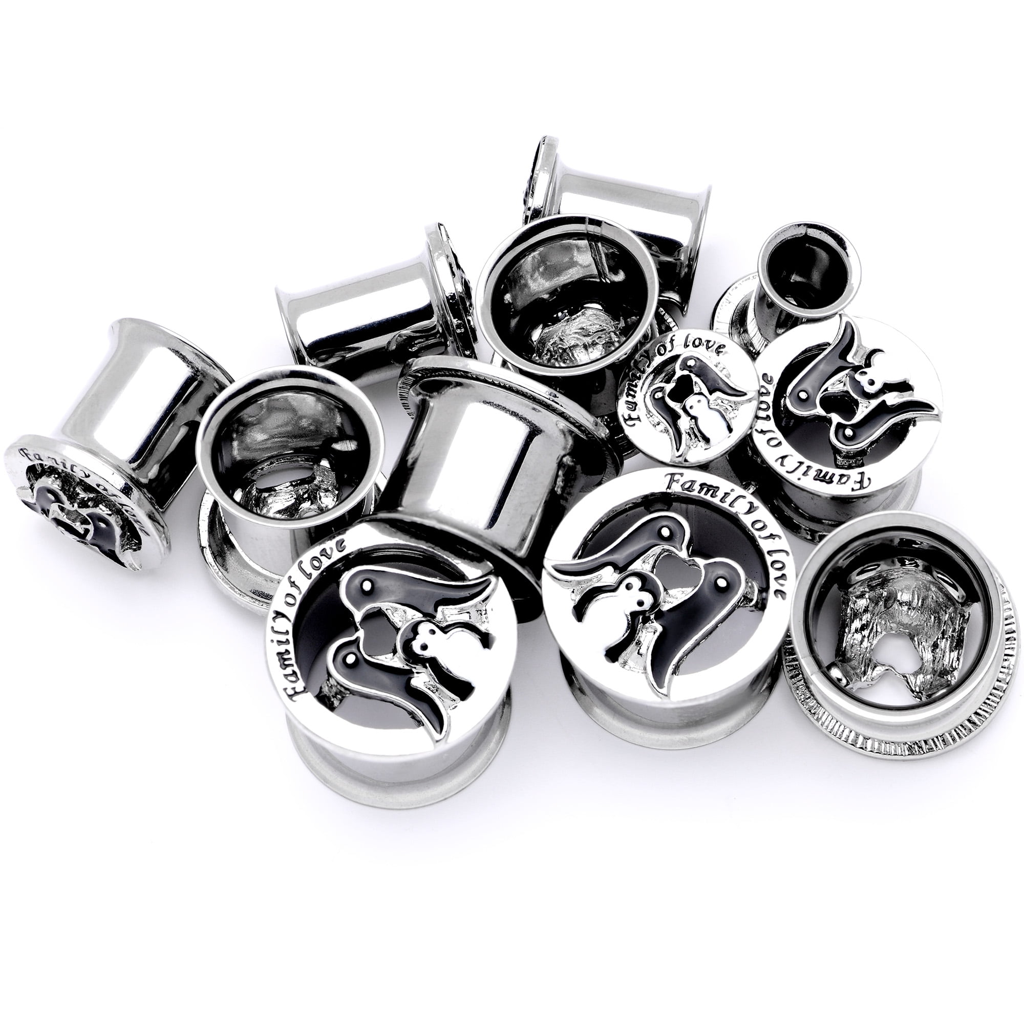 Body Candy Women 2 Gauge 2PC Steel Double Flare Tunnel Plug Set Family of Love Penguin Ear Plug Gauges 6mm