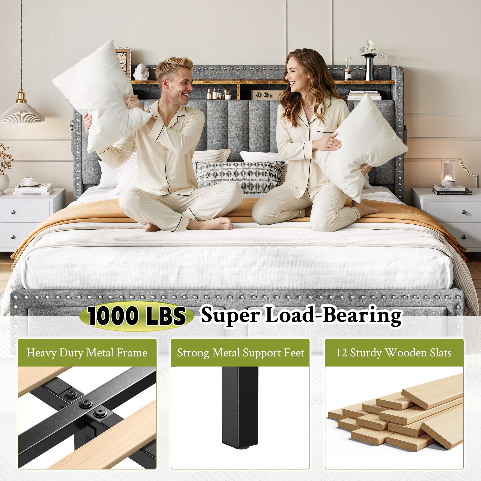 EnHomee Upholstered King Size Bed Frame with Headboard and Storage King Bed Frame with 2 Drawers,Grey
