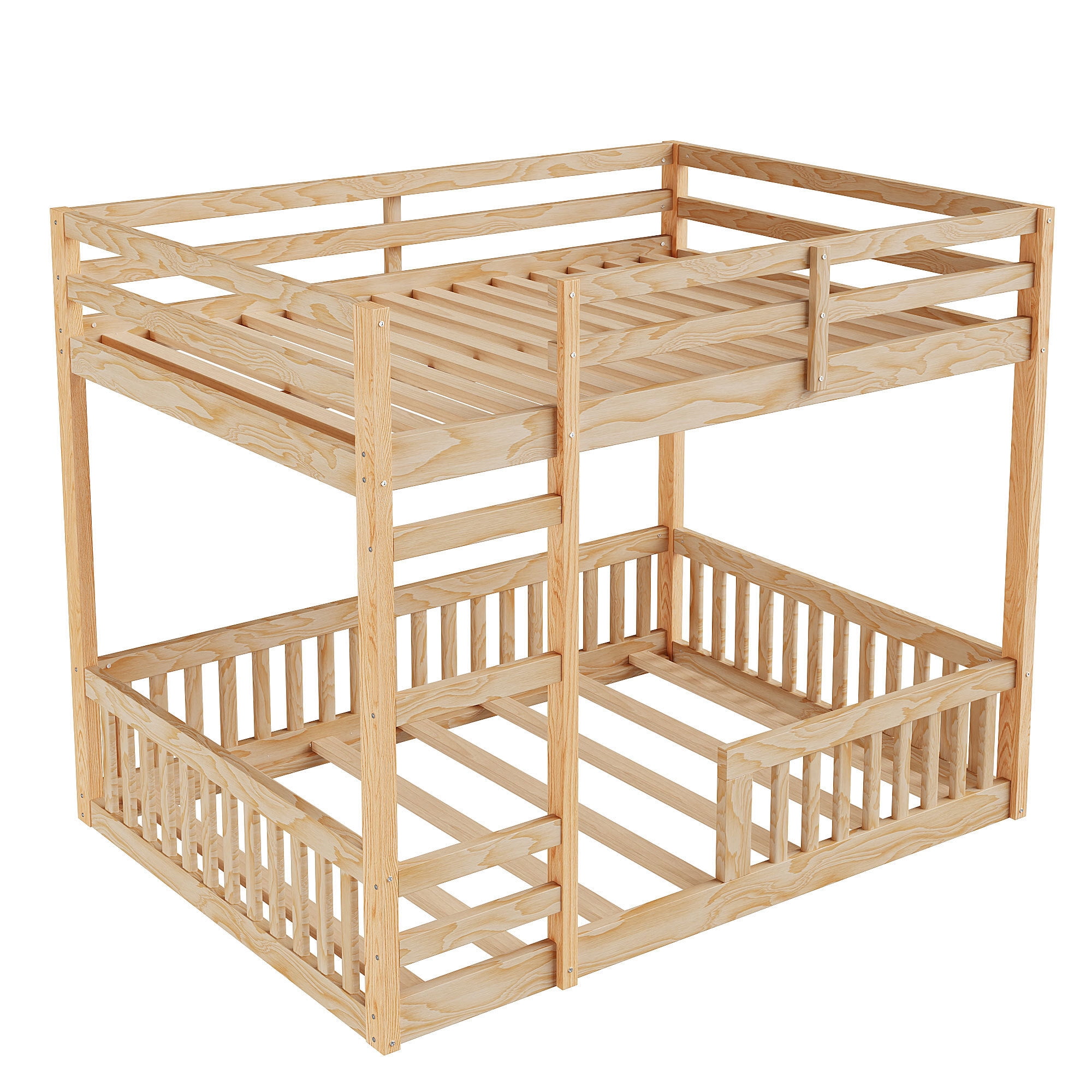 Full Over Full Size Wooden Bunk Bed with Ladder and Guardrails, Low Floor Bunk Beds w/ Slats Support,Space-Saving Multifunction Furniture for Apartment,Bedroom