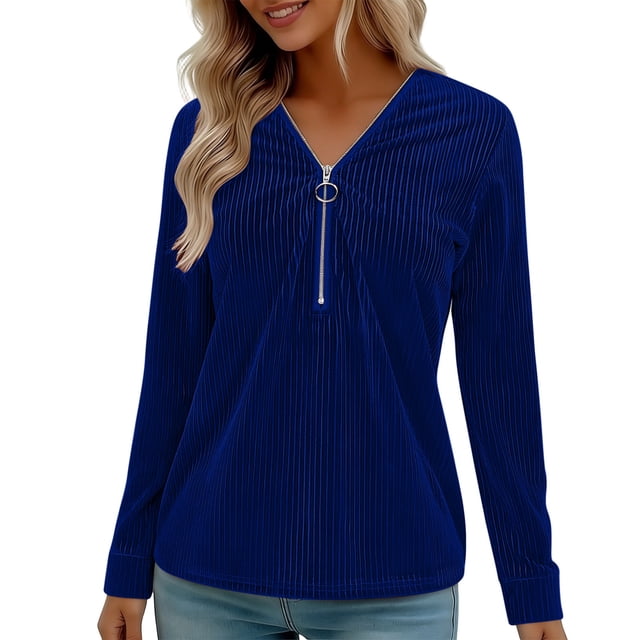 Blusas de Manga Larga para las Mujeres Cremallera de Cuello en V Delantera Color Sólido Top de Moda Casual, Tops de Color Sólido para las Mujeres