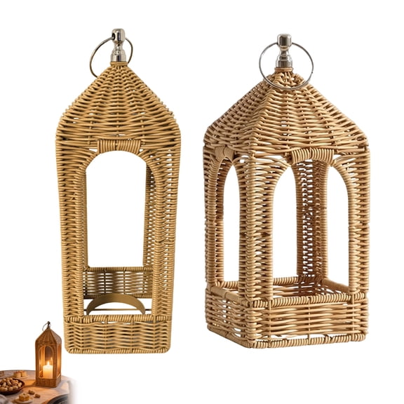 11/14.5 Inch Hanging Lampshade Handwoven Lantern, Patio Votive Candle Holder Basket, Decorative Simulated Rattan Lantern with Handle for Garden Farmhouse Party