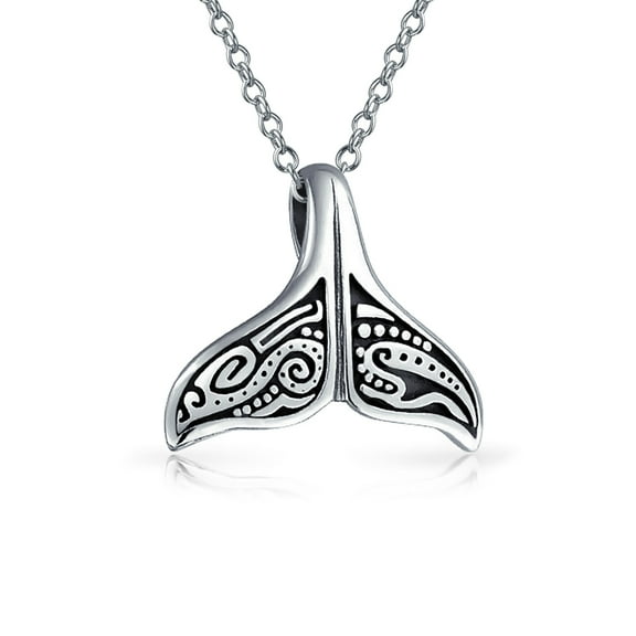 Bling Jewelry Unisex Nautical Whale Tail Pendant Necklace in Oxidized Sterling Silver for Sea Lovers