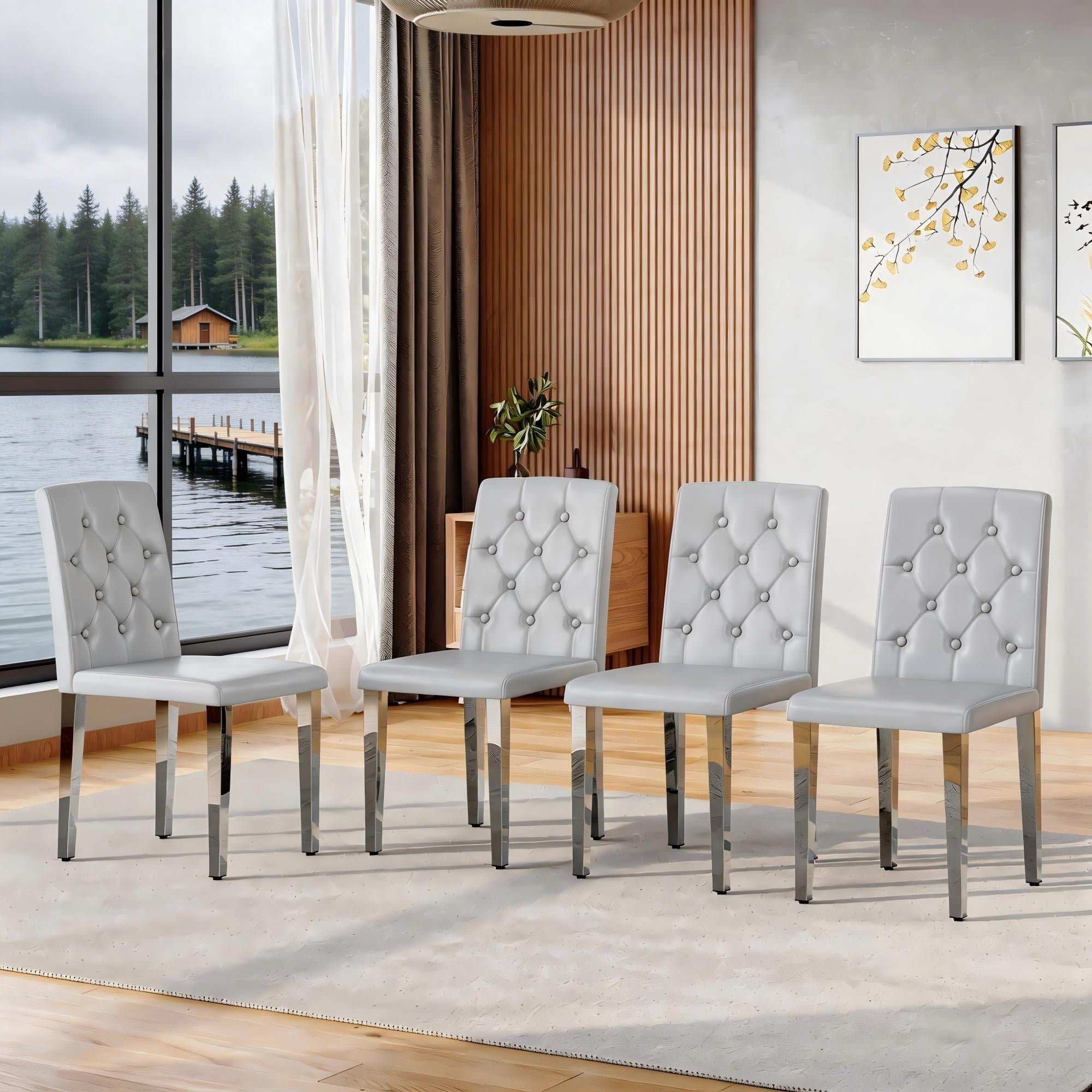 TesNus Dining Chairs Set of 4, 35" Height Light Gray PU Leather Tufted Back Upholstered Chairs with Silver Metal Legs for Dining Room Kitchen