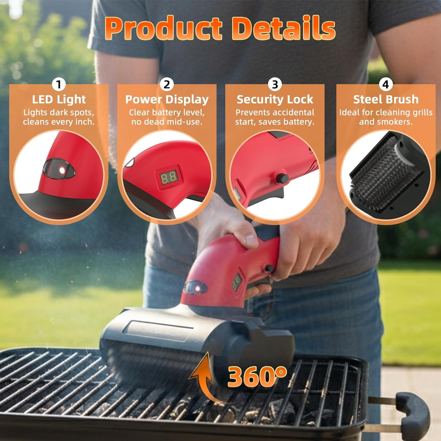 Electric Grill Brush for Outdoor, Upgraded BBQ Grill Cleaner with 3 Heads, 1200 RPM Speed, 304 Stainless Steel Bristle, Cordless & Type-C Rechargeable Grill Cleaning Tool