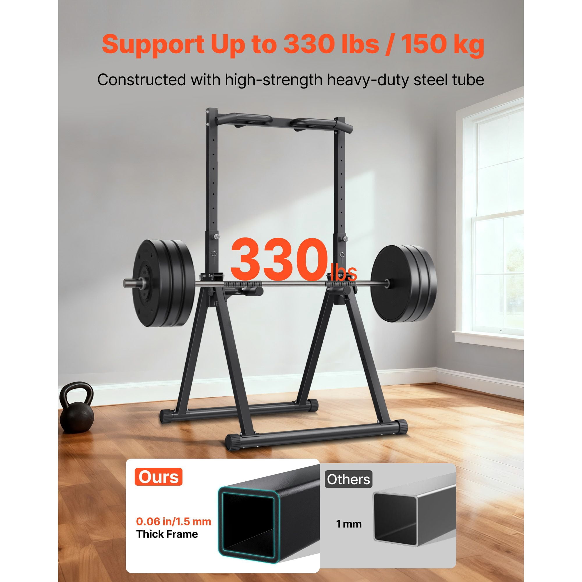 Portable Pull Up Bar, 330lb, Freestanding, 9-Level Height Adj, Steel