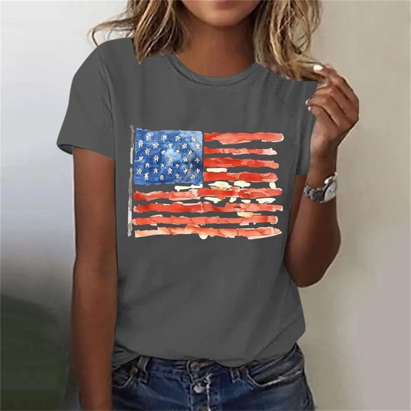 Mifsaly Patriotic Shirts for Women Crewneck Short Sleeve Tops Summer Casual Cotton American Flag Graphic T Shirts 2026 XXL