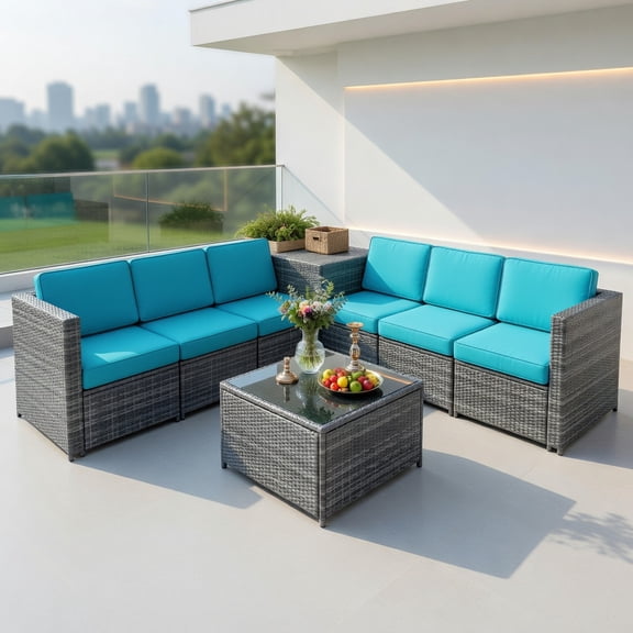 GVN Backyard Furniture Sets,Outdoor Furniture Sets,8 Piece Wicker Sofa Rattan Dinning Set Patio Furniture with Storage Table-Turquoise