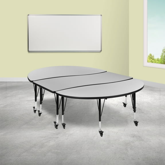 Emma   Oliver 3PC Mobile 86" Oval Wave Collaborative Grey Kids Adjustable Activity Table Set