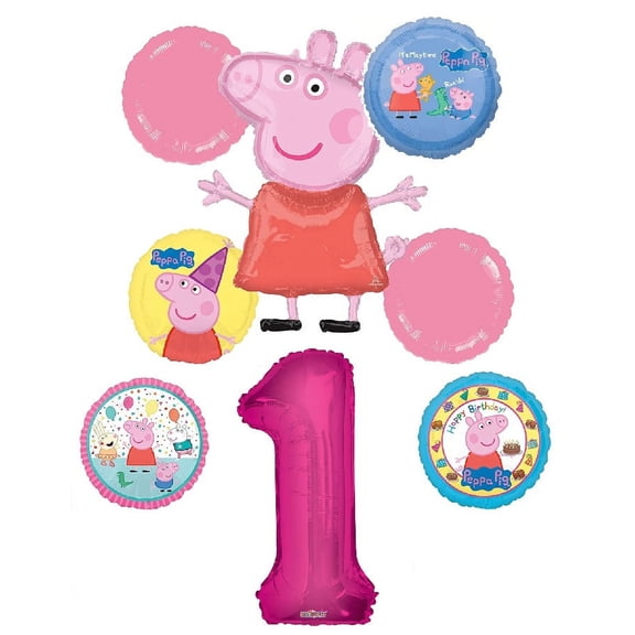 Peppa Pig 1st Birthday Party Balloon Bouquet Bundle, for 1 Year Old, Includes 8 Balloons