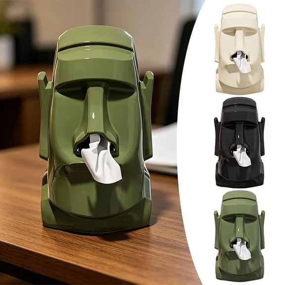 Moai Tissue Box Holder (White) – Funny Nose-Pull Napkin Dispenser with Headphone & Glasses Stand, Cream Resin Desktop Decor (9.25" Tall)