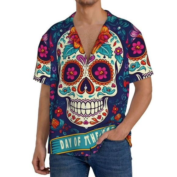 Fotbe Dead Day Party Camisa Estampada de Manga Corta para Hombre, Casual de Verano, Estilo Playero, Sin Arrugas-Medium