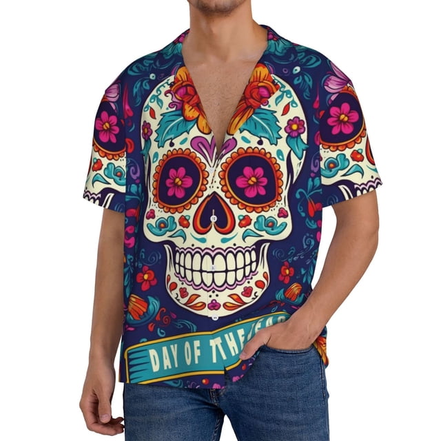 Fotbe Dead Day Party Camisa Estampada de Manga Corta para Hombre, Casual de Verano, Estilo Playero, Sin Arrugas-Medium