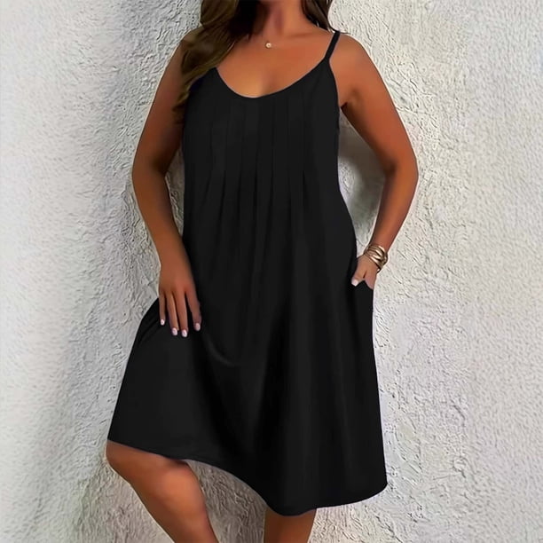 mfyjkho Vestidos de verano para mujer, Vestido de mujer de color liso con cuello redondo, sin mangas, con tirantes y cuello redondo Vestidos de fiesta para mujer xxl
