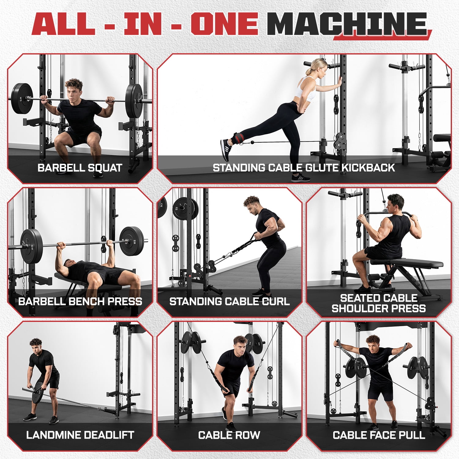 Wall Mounted Folding Squat Rack,1200 LBS Power Rack with Dual Independent Pulley System, 5 Adjustable Modes, Functional Trainer for Space Saving Home Gym with 1000 LB Weight Bench and Barbell ,Black